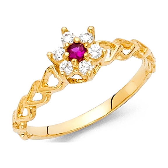 Red CZ Flower Ring Solid 14k Yellow Gold Heart Band Floral Fashion Stylish Polished Finish Fancy, Size 7