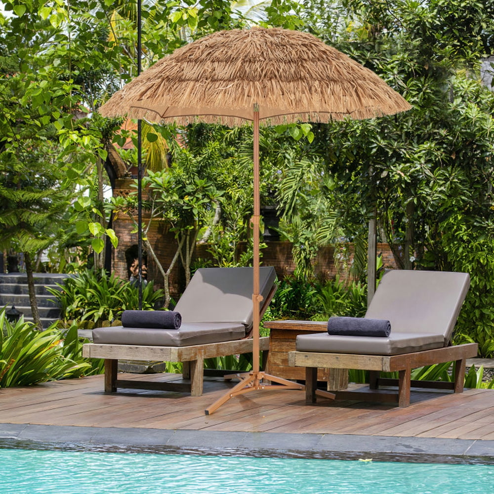 Aimee Lii 6.5 Feet Thatched Umbrella with Foldable Stand Push Button Tilt, Patio Umbrella, Outdoor Market Umbrella-Natural