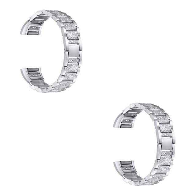 Maytalsory Stainlees Steep Soild Wristwatch Strap Rhinestones Watch Band Repair Kit Replacement For Charge 2 Silver 2Set