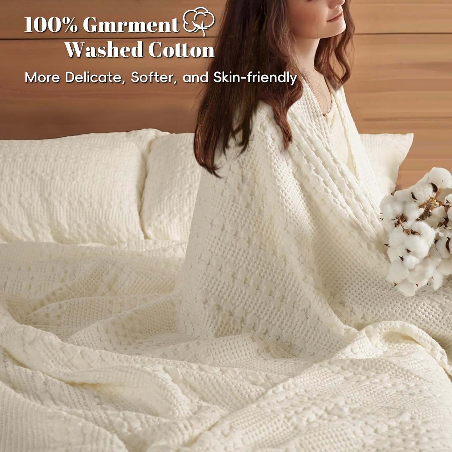 PHF 100% Cotton Waffle Weave Blanket, Lightweight Twin Washed Blanket for Bed Sofa Home Decor, Cannoli Cream, 66"x90"