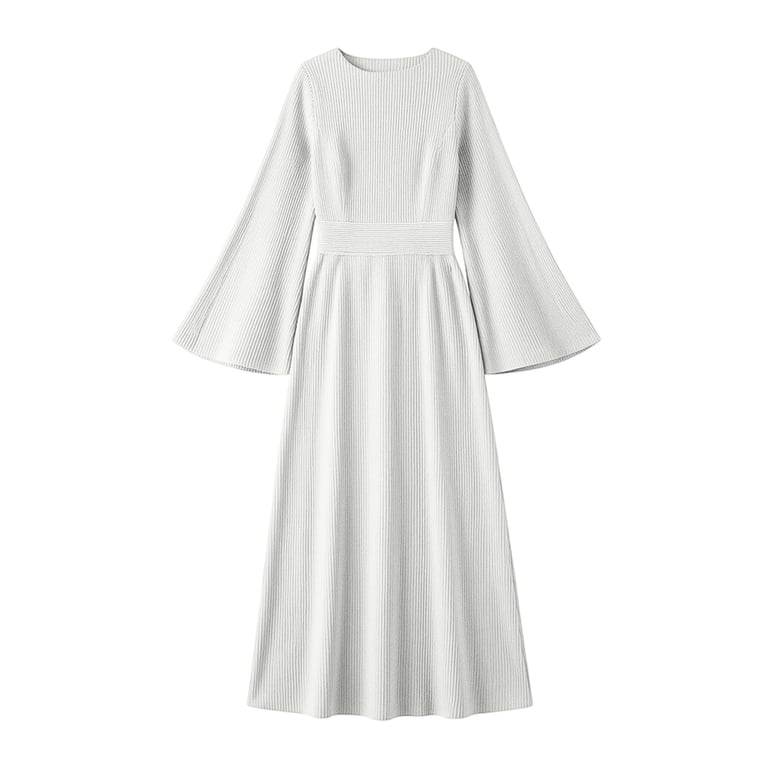 ribbed flared dress Miluxas Women's Flared Long Sleeve Maxi Dress Ribbed Textured Crew Neck High Waisted A Line Flowy Long Dress formal Cocktail Wedding Guest Dress White
