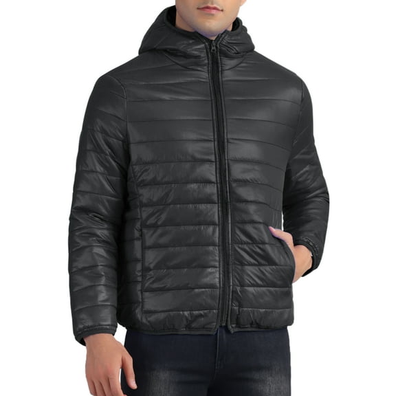 INSPIRE CHIC Hooded Puffer Jackets for Men's Winter Zipper Lightweight Warm Padded Coat M Black