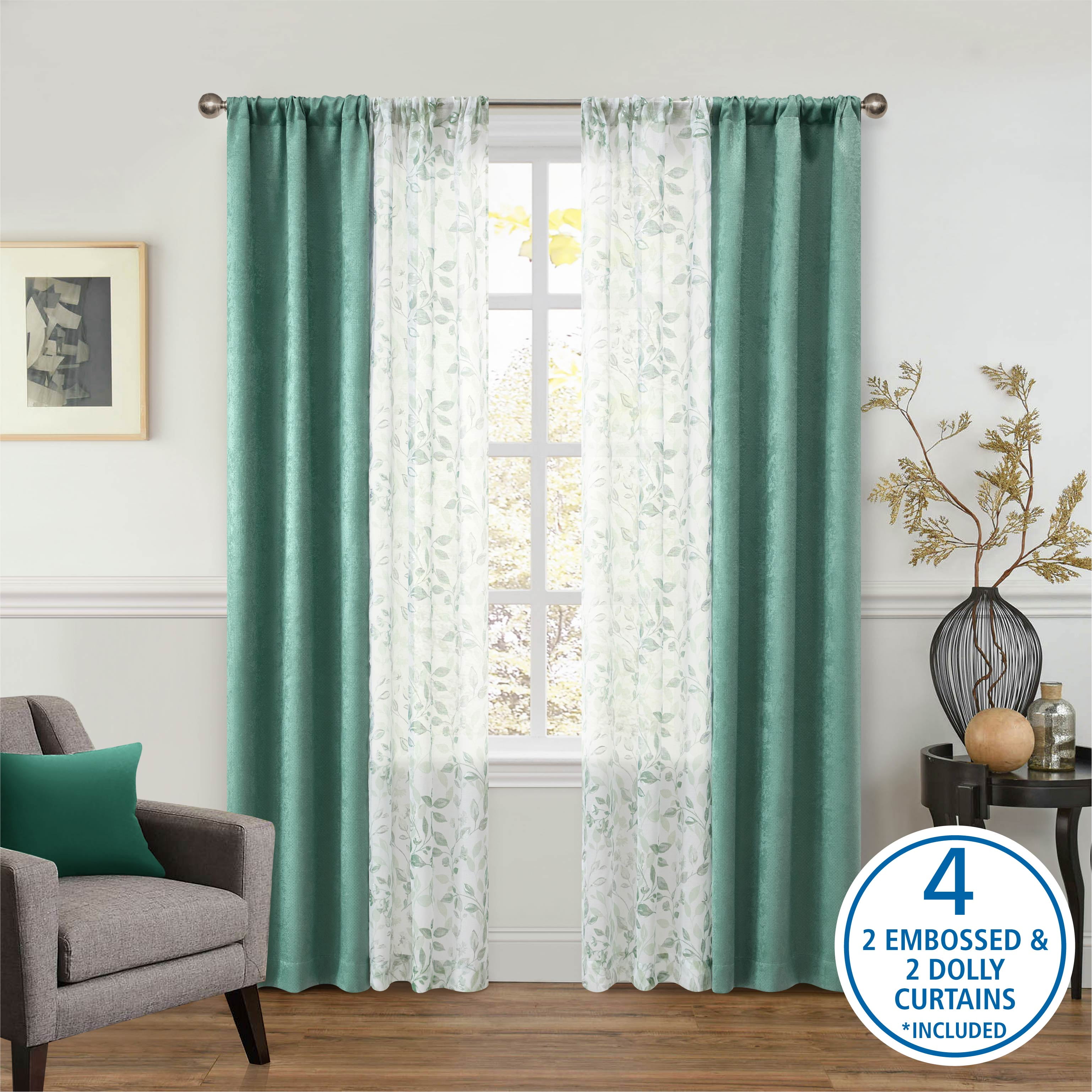 (2 pack) Mainstays Metallic Blackout Curtains and Sheers Set, 4 Panels, Green Sage, 27.5" W x 84” L