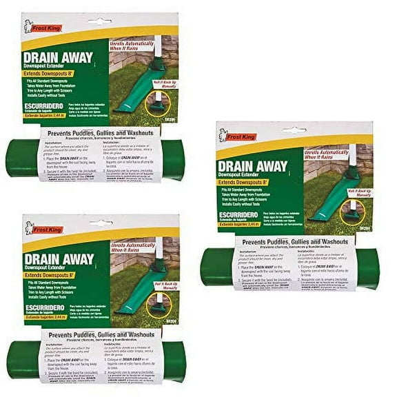 Frost King DE200 Standard Plastic Drain Away Downspout Extender, Extends 8-Feet, Green, 3 Pack
