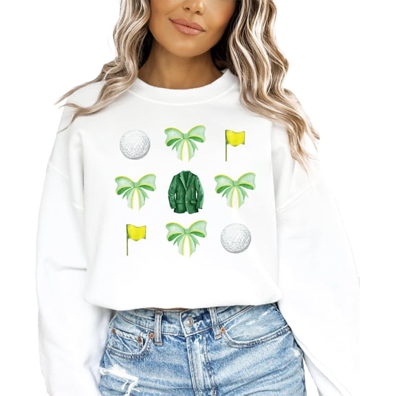 Golf Tournament Sweatshirt for Women & Teens Green Bows and Golf Balls Pullover White Sweatshirt Adult X-Large