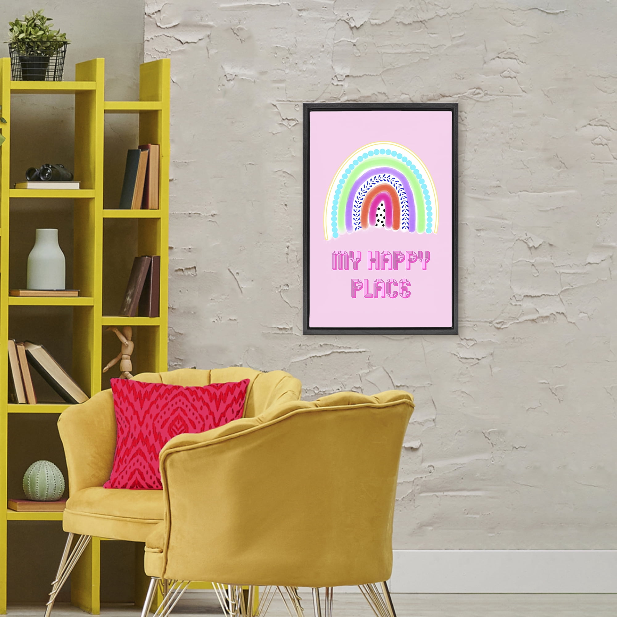 Stupell Industries Happy Place Dotted Rainbow Black Framed Floater Canvas Wall Art, design by Pooja Dave