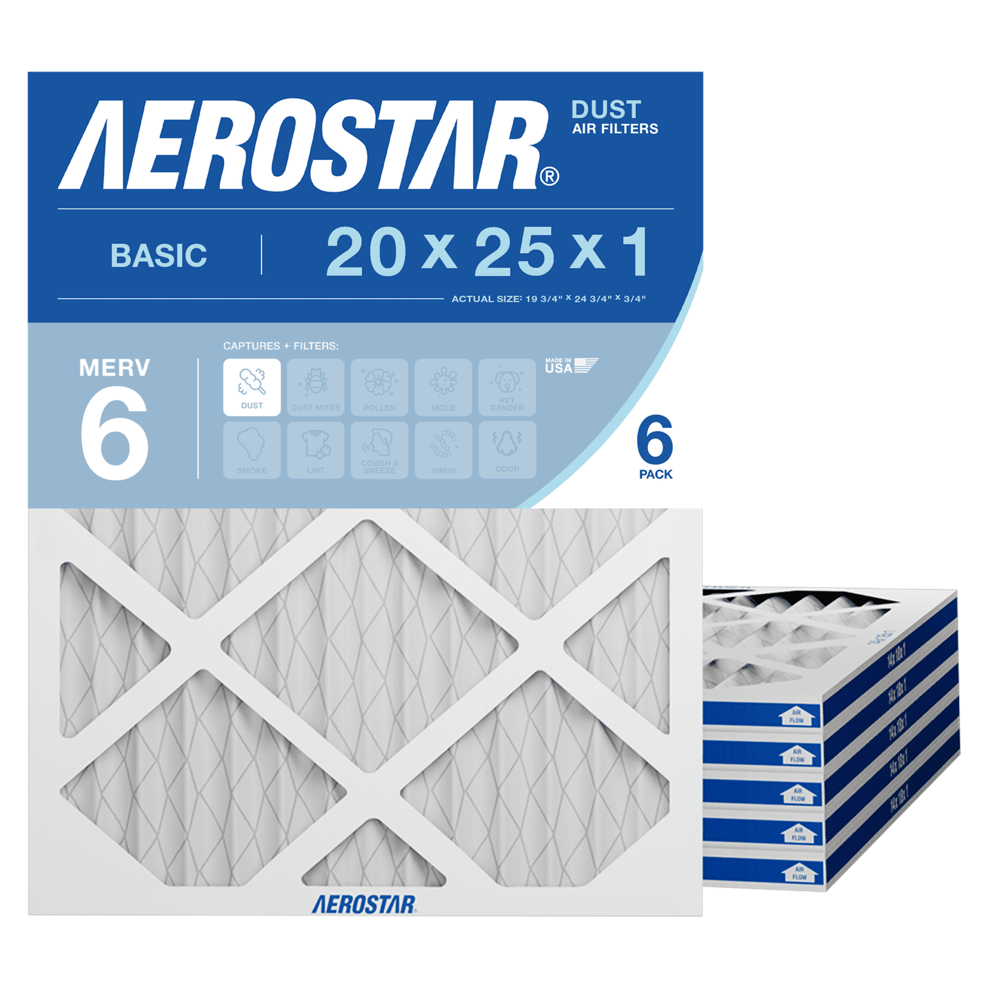 Aerostar 20x25x1 MERV 6 Air Filter, Pleated AC Furnace HVAC, Dust Lint Control, 6 Pack
