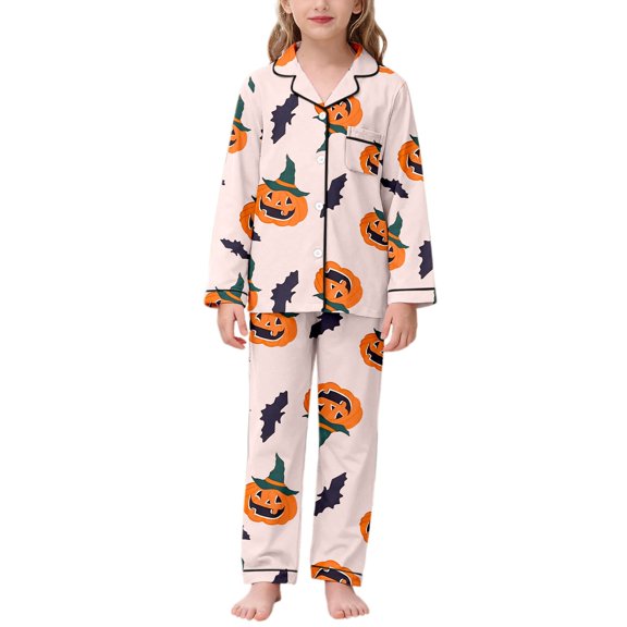 SJLDQY Girls Halloween Pajama Sets Button Down Long Sleeve Shirts Pants 2 Piece Pjs Set Fall Winter Sleepwear Cozy Soft Loungewear Sets for Girls