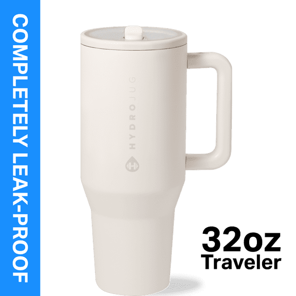HydroJug Traveler 32 oz Water Bottle, Stainless Steel Insulated Tumbler with Flip Straw and Handle - Cream