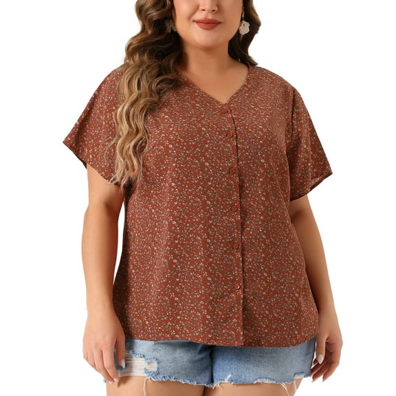 Agnes Orinda Women's Plus Size Blouses Floral Button Down Shirts V Neck Tops Ruffle Sleeve Casual Top 1X Red