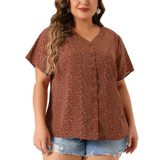 Blusas de mujer de tallas grandes Agnes Orinda, camisas de botones florales, tops de cuello en V, blusas de manga con volantes, top casual 3X rojo