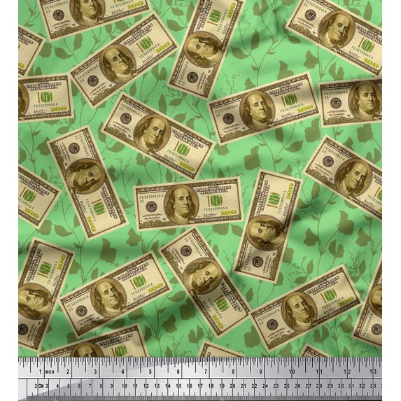Soimoi Moss Georgette Fabric Dollar Currency Note & Leaves Print Fabric by The Yard 42 Inch Wide