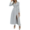 thumbnail image 2 of Women Deep V Neck Long Sleeve Slit Fall Elegant Formal Wedding Guest Evening Date Prom Maxi Long Dress Light Grey M, 2 of 9