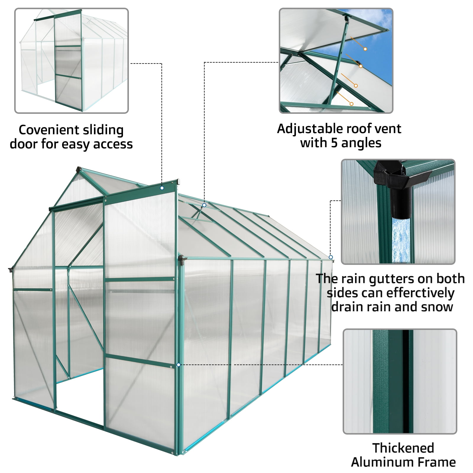 Roninkier 6x12 ft Walk-in Polycarbonate Greenhouse for Outdoor Backyard in All Season