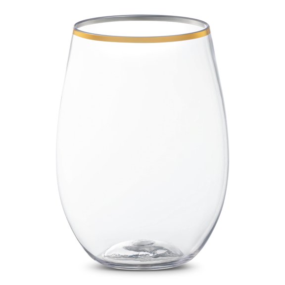 Smarty 16 oz. Clear with Gold Elegant Stemless Plastic Wine Glasses 64ct