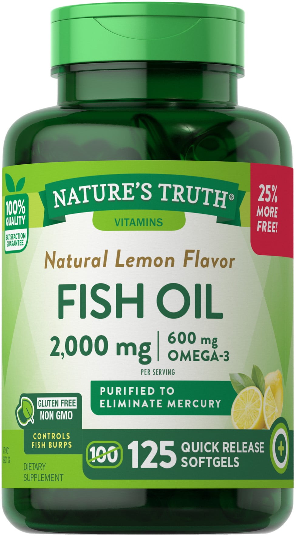 Omega 3 Fish Oil 2000 mg | 125 Liquid Softgels | Burpless, Lemon Flavor Pills | Non-GMO, Gluten Free Supplement | By Nature's Truth
