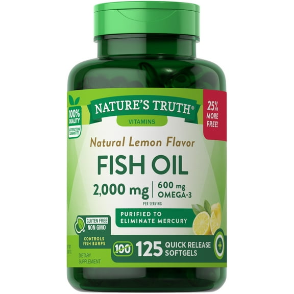 Omega 3 Fish Oil 2000 mg | 125 Liquid Softgels | Burpless, Lemon Flavor Pills | Non-GMO, Gluten Free Supplement | By Nature's Truth