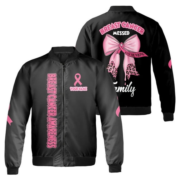 Custom Breast Cancer Awareness Bomber Jacket – Personalized Name Jacket with Pink Ribbon – October Support Apparel for Men & Women