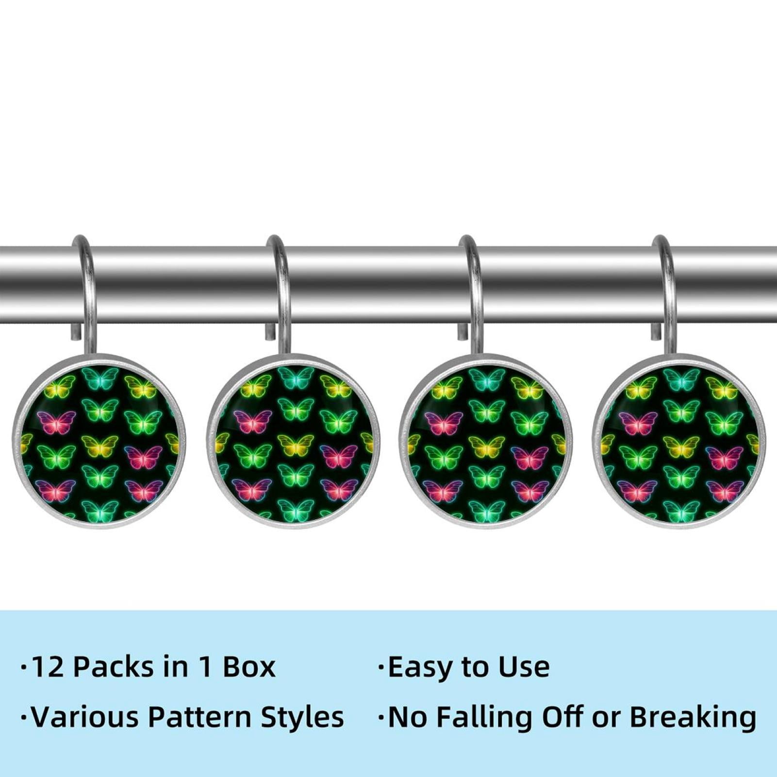 12pcs Decorative Shower Curtain Hooks, Rust Resistant Shower Rings for Bathroom Living Room,Rustproof Stainless Steel Rings for Shower Curtain and Liner Rods,Neon Light Butterflies