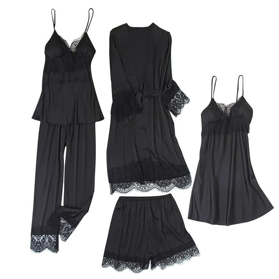 Nnhblu Women's Sleepwear Long Pants tops Pajamas Five Piece Set Home Pajama Sets for Women Soft Pajamas for Women Deals Clearance Black - XL