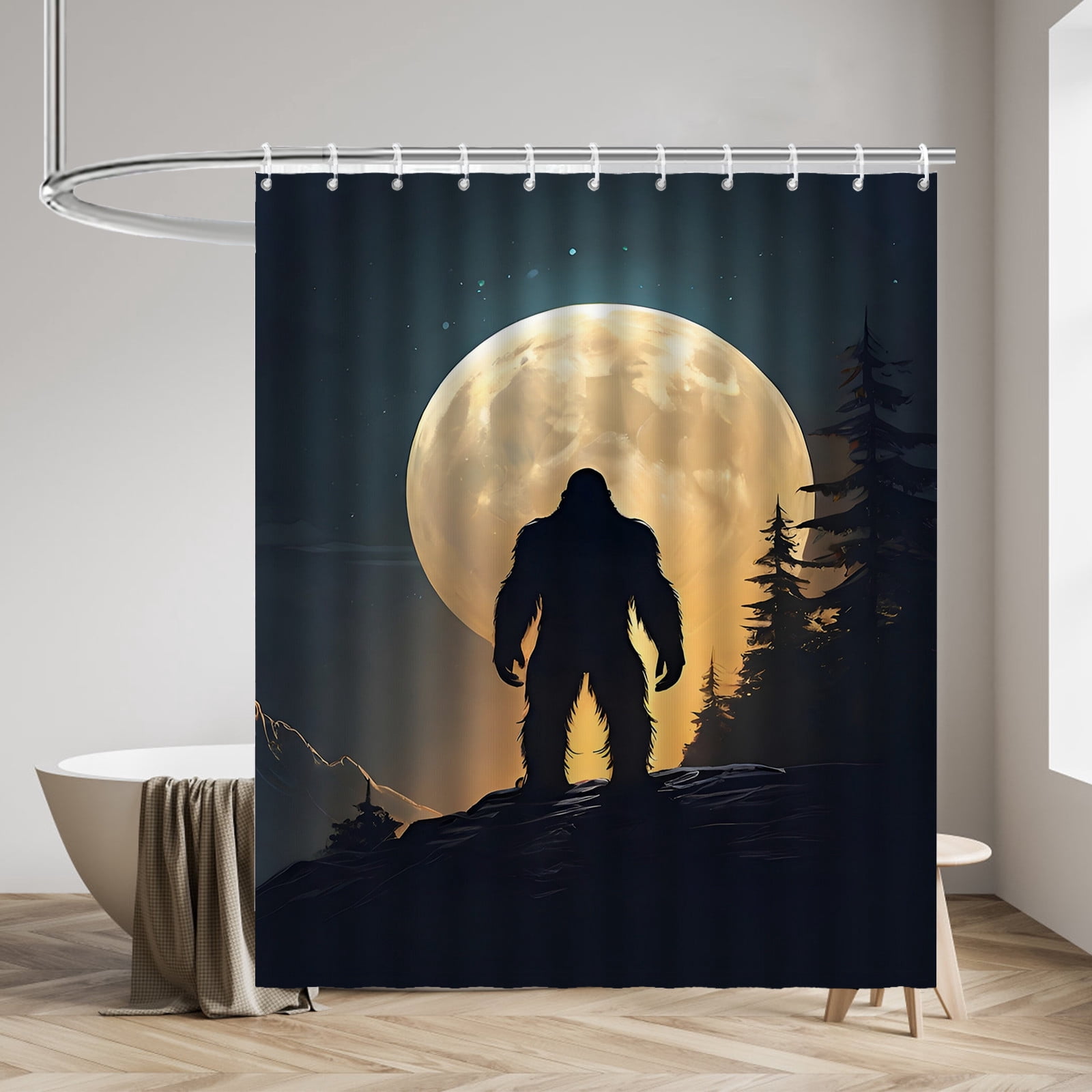 Bigfoot Shower Curtains Moutain Waterproof Bathroom Curtains with Hooks, Unique Moonlight Bigfoot Themed Bathroom Decor