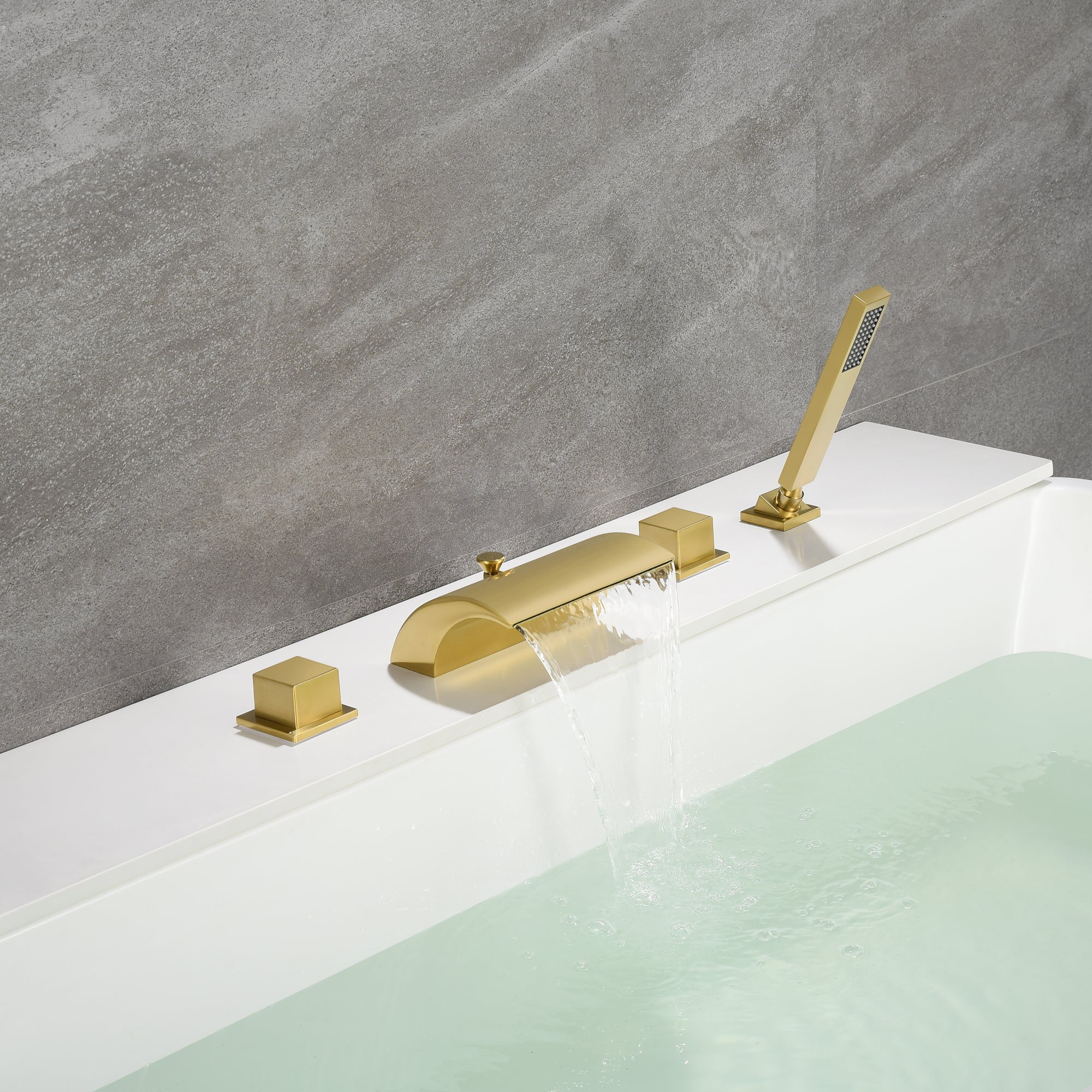 Deck Mount Diverter Tub Faucet,High Flow Waterfall Tub Spout with Hand Shower Brushed Gold Finish