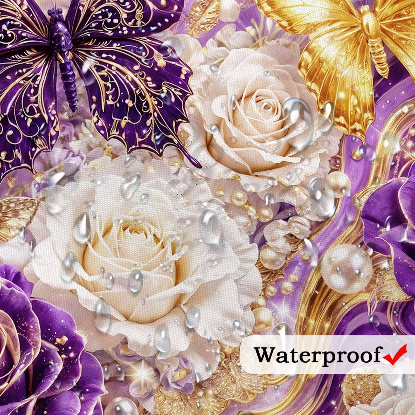 Luxury Purple and Gold Butterfly Floral Shower Curtain, Elegant Marble Rose Modern Texture Shower Curtains for Bathroom Decor, Elegant Golden Fluid Aesthetic Bath Curtain Set with Hooks,70X70IN