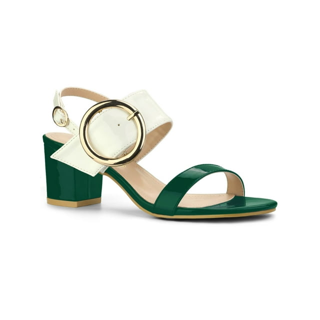 BLISSFUL STEP Inspired Slingback Sandals Contrast Color Chunky Heel Big Circle Buckle Sandals Green White 5.5