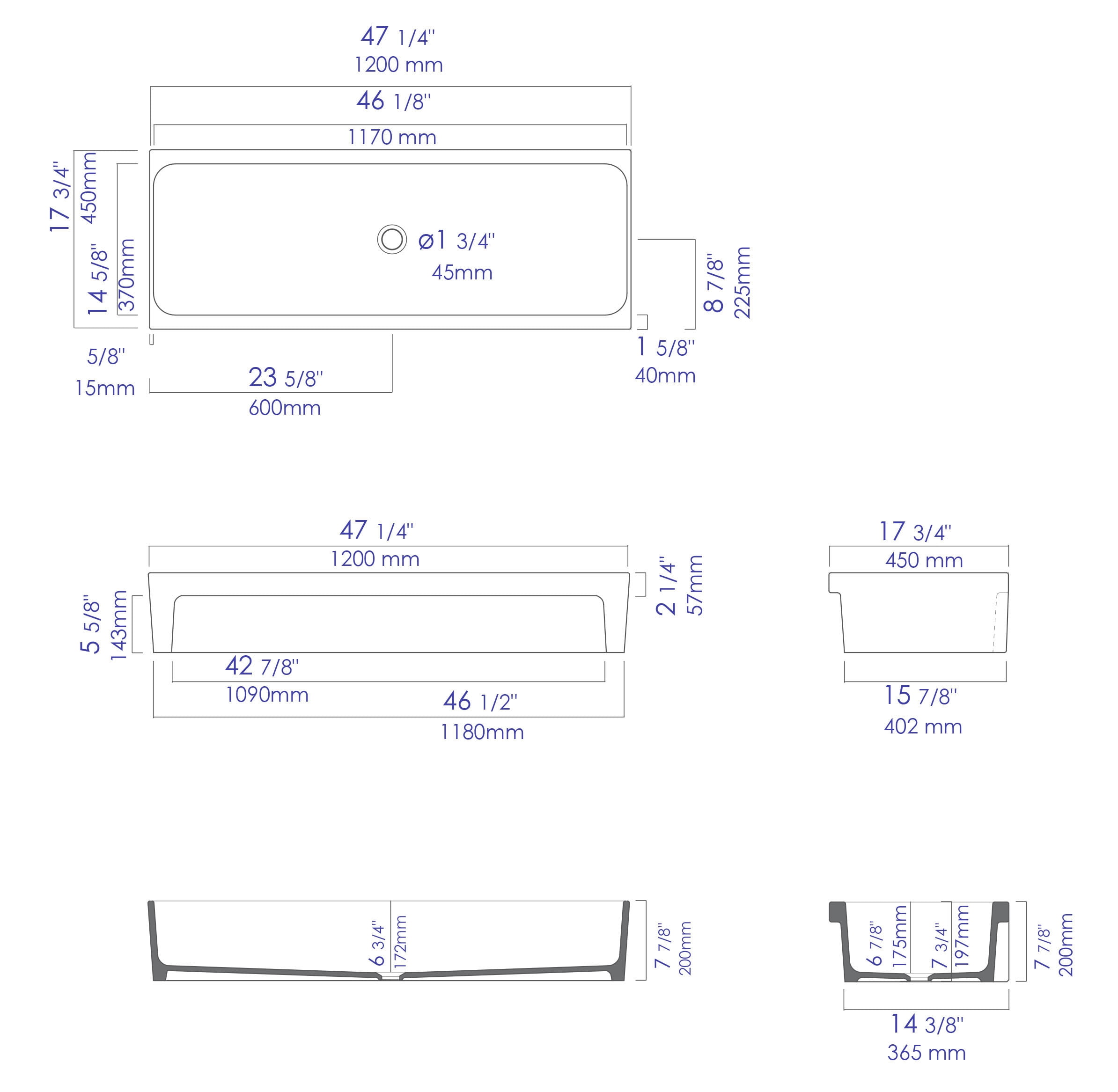 ALFI brand AB48TRGM 48" Grey Matte Above Mount Fireclay Bathroom Trough Sink