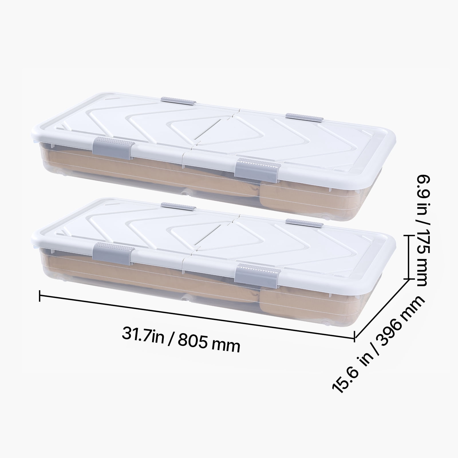 KFFKFF Under Bed Storage with Wheels, 31.7 x 15.6 x 6.9 inch Containers, Shoe Organizer with Lid & Gray Latch, Rolling Storage Bins for Clothes, Shoes, and Blankets, Set of 4