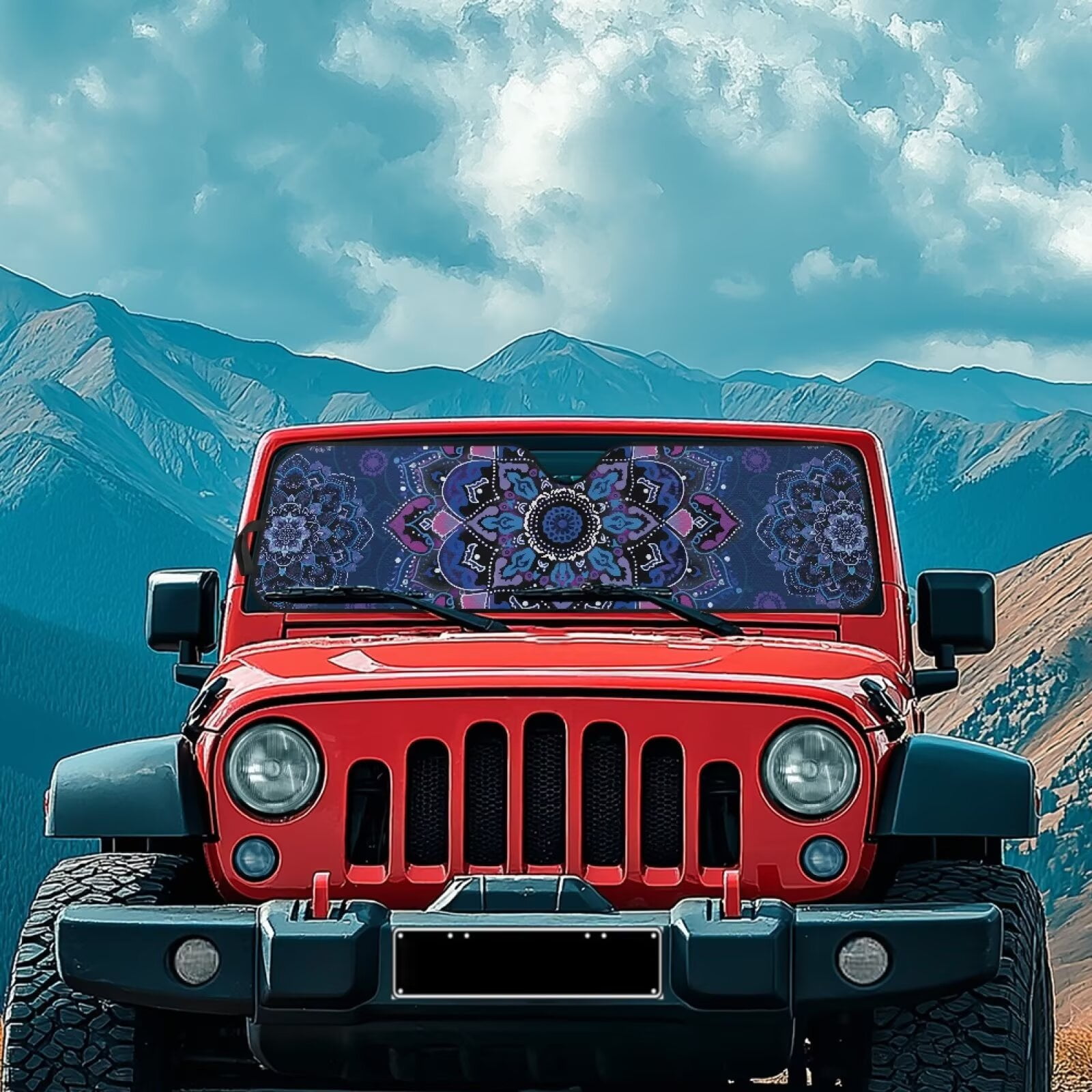 Uorisanigo Windshield Sun Shade, Car Sunshade for 2018-2023 Jeep Wrangler JL JLU Gladiator JT-Blocks UV Rays Blue Mandala Flowers Sun Visor Shield,Front Window Sunshade Keeps Vehicle Cool