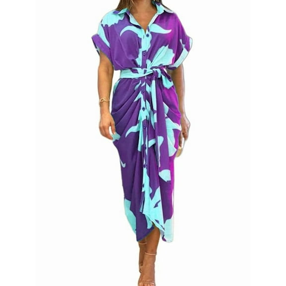Women Button Down Ruched Shirt Dress Short Sleeve Lapel V Neck Elegant Party Maxi Floral Dress with Belt S