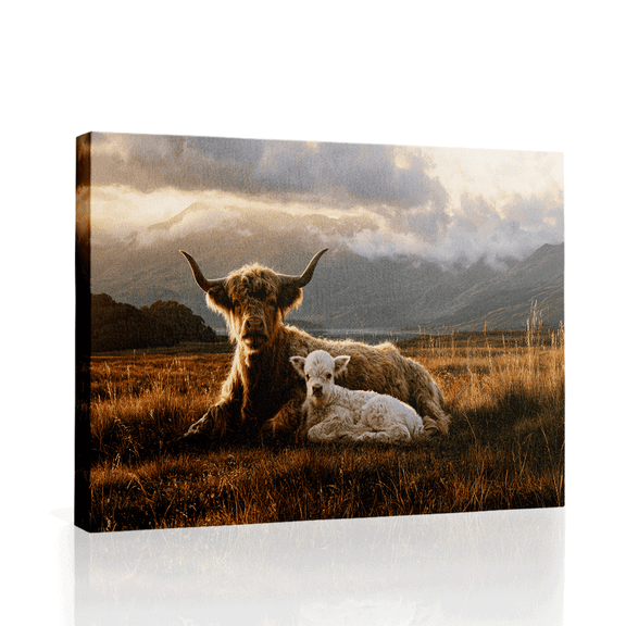 Wallume Store Highland Cow Calf Rustic Farmhouse Canvas Wall Art Gallery Wrapped for Living Room 12*8 inch