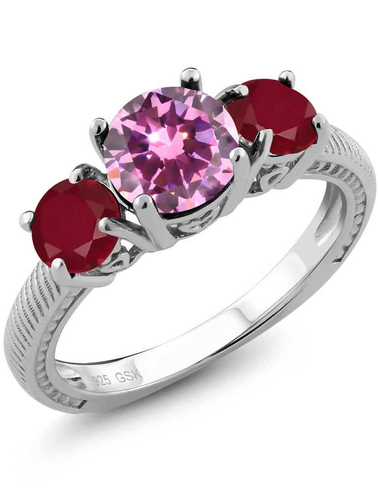 2.38 Ct Round Pink Zirconia Red Ruby 925 Sterling Silver 3 Stone Ring by