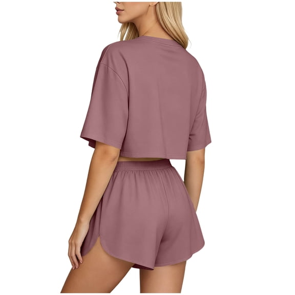 Pounoo Gift Women's Loungewear Sets Loose Fit Crop Top & High Waist Shorts Comfortable Breathable Relaxed Fit Two Piece Outfits