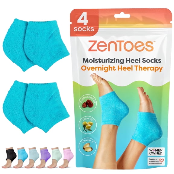 ZenToes Moisturizing Heel Socks for Dry, Cracked Heels & Overnight Comfort,Regular, Fuzzy, Blue, 2 Pair