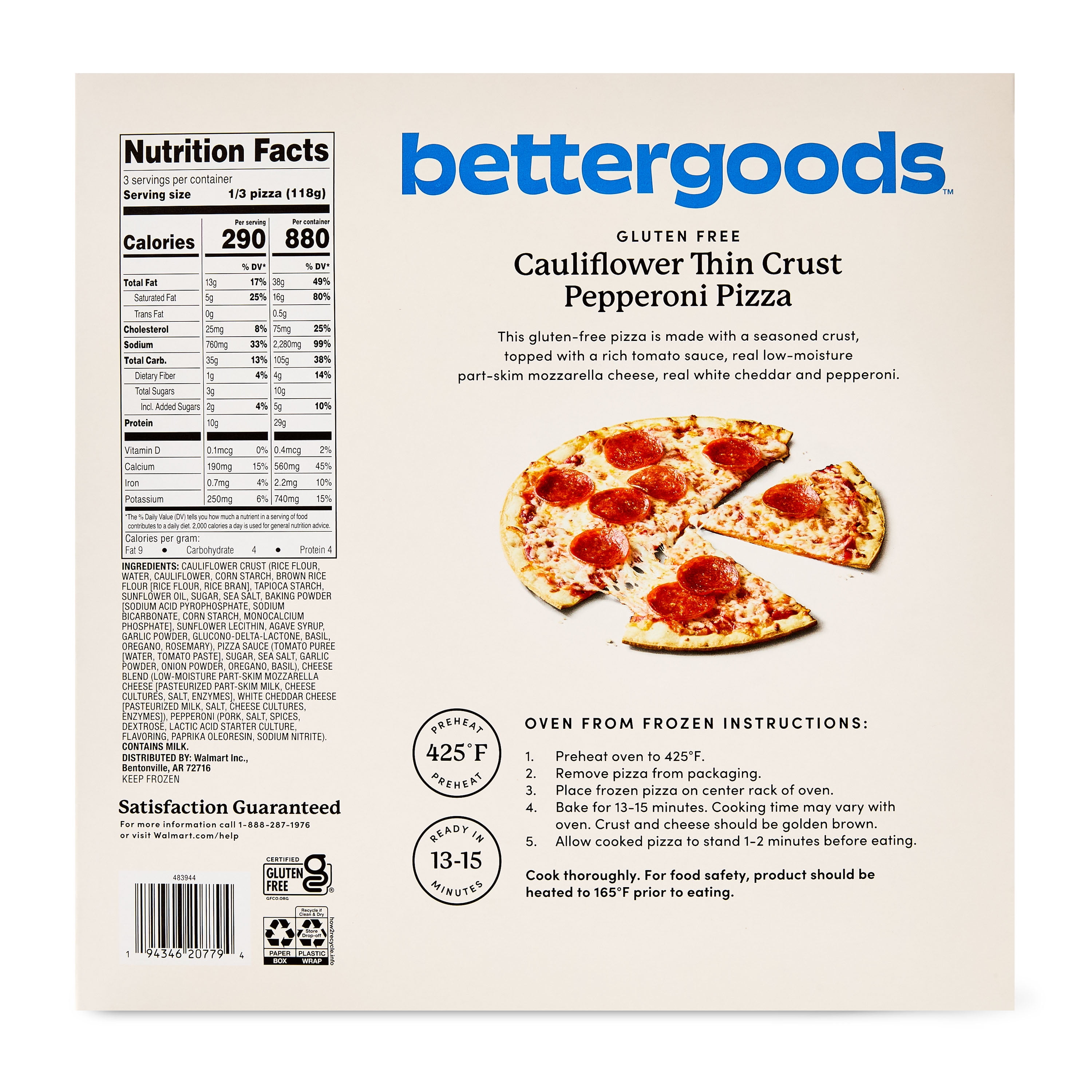 bettergoods Gluten-Free Cauliflower Thin Crust Pepperoni Pizza, 12.5 oz (Frozen)