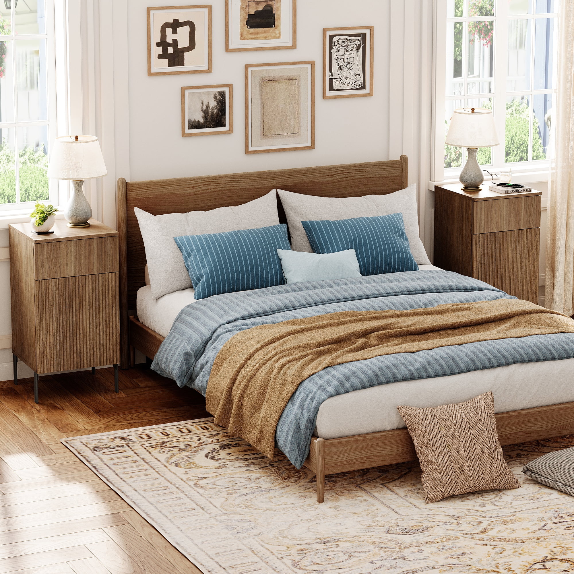 Modern Minimalist Nightstand Set of 2 with Built-In Outlets, Reed Pattern Design