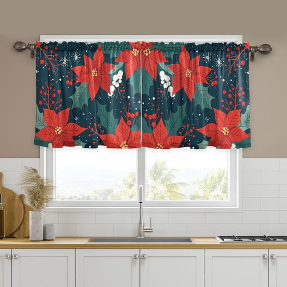 Yayeee Kitchen Curtains Tier Set of 2 Light Filtering 57"x24" Over Sink Window Panels, Christmas Berries