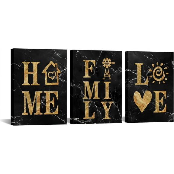Hieng Glam Black and Gold Canvas Wall Art Home Family Love Wall Decor Glitter Marble Family Sign for Bedroom Bathroom Decoration Unframed
