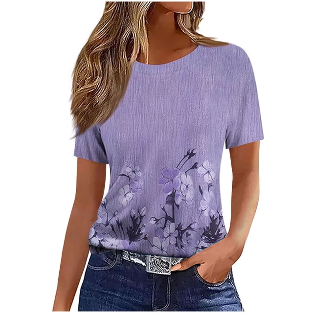 Tops de Manga Corta de Algodón para Mujeres Cuello Redondo Impreso Casual, Blusa de Moda para el Hogar Y el Uso Diario