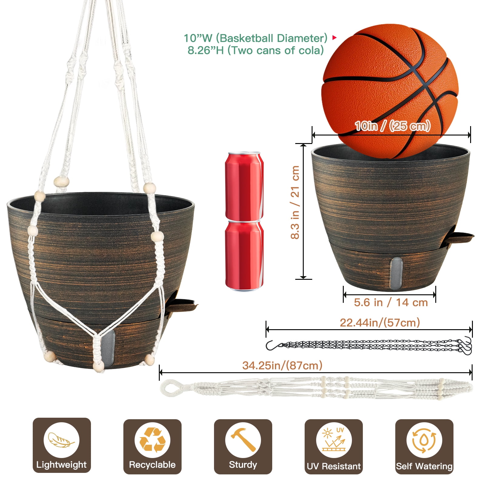 FIASON 2 Pack Bronze 10 Inch Round Hanging Planters with Visible Water Level, Drainage Holes, Removable Tray,Self-Watering Hanging Planters for Indoor Outdoor