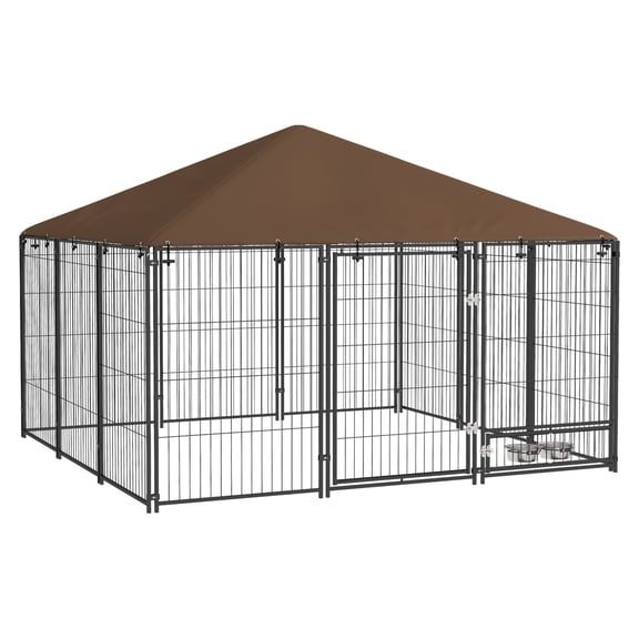 Outside Dog Kennel, 6.9' x 6.9' x 5' Puppy Play Pen with Canopy, Garden Playpen Fence Crate Enclosure Cage Rotating Bowl, Coffee