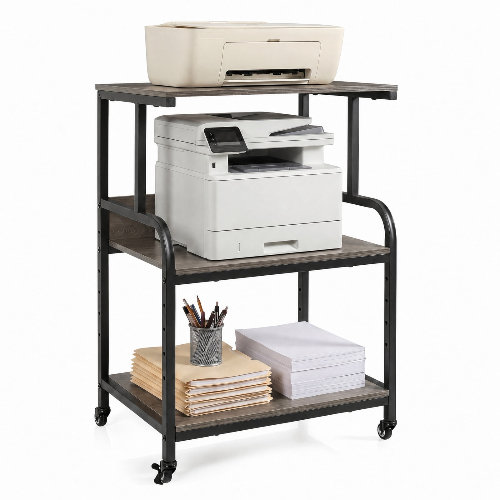 Furnibear 3-Tier Rolling Printer Stand with Adjustable Shelf and Lockable Wheels for Home Office Printer Machine Under Desk Storage, Oak