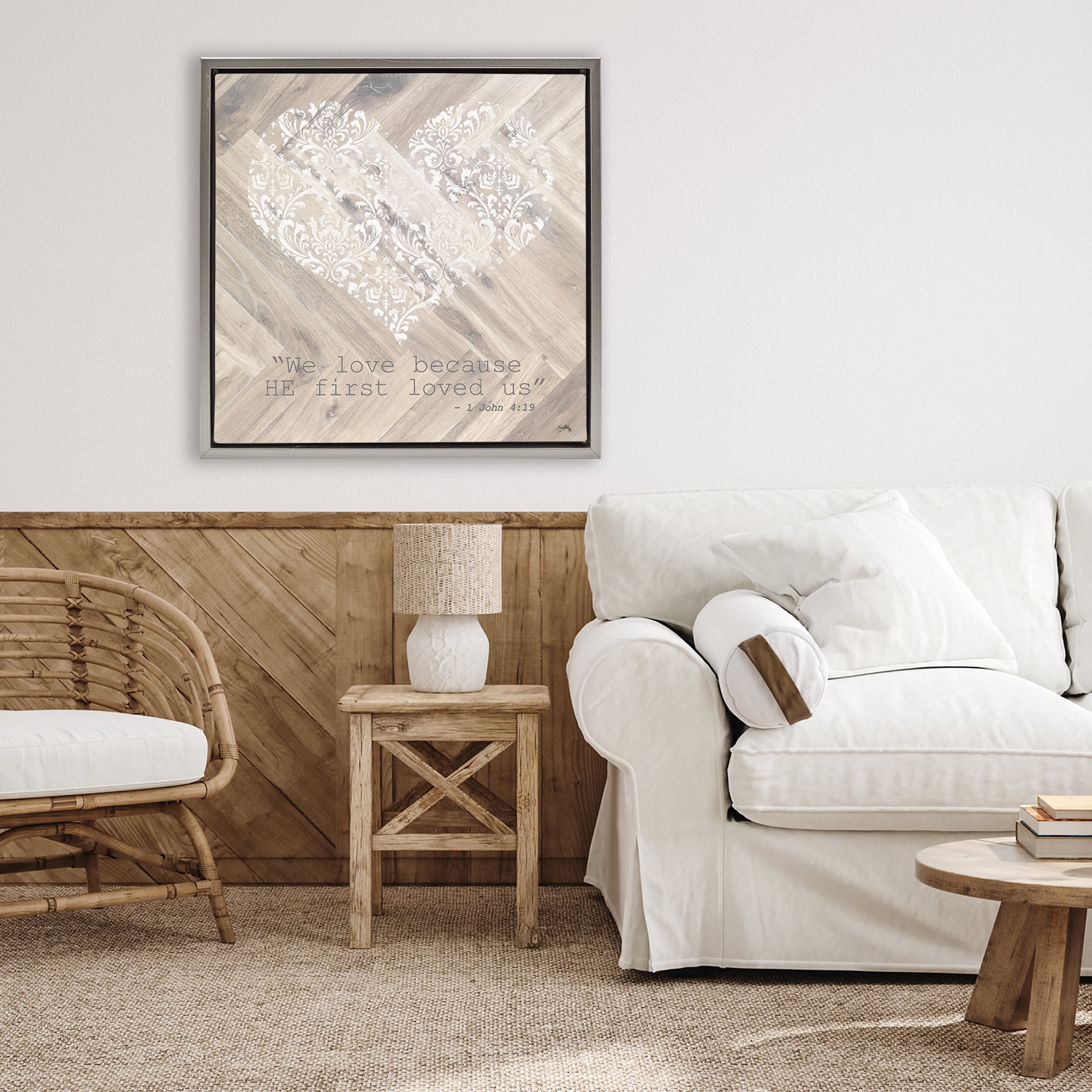Stupell Industries He Loved Us First Gray Framed Floater Canvas Wall Art, design by Elizabeth Medley