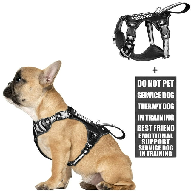 Chaleco para perros de servicio WINSEE, arnés sin tirones con 7 parches, negro
