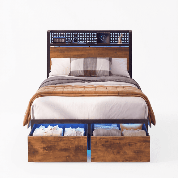 Twin Bed Frame with 2 Storage Drawers and LED Lights, Metal Platform Bed with Mesh Headboard and Charging Station, Wood and Black Finish