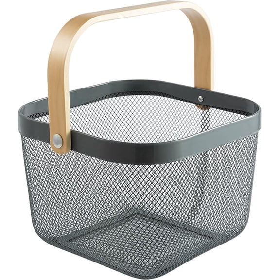 Metal Mesh Storage Basket with Wooden Handle Gray