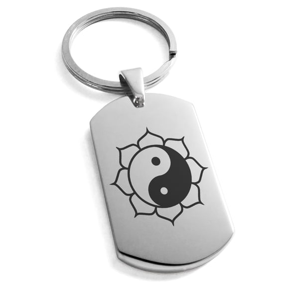 Stainless Steel Sacred Lotus Yin Yang Engraved Dog Tag Keychain Keyring