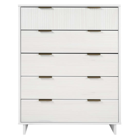 Modern Glam Chest of Drawers with Gold Handles 5-Drawer Tall Dresser for Bedroom Solid Wood Construction 38 Inch Wide Storage Furniture